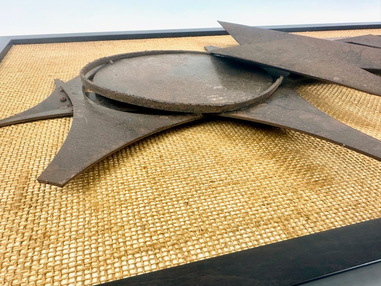 Wall Relief Brutalist, brown yellow, cast iron wood jute, Denmark, 1980s. - 152417