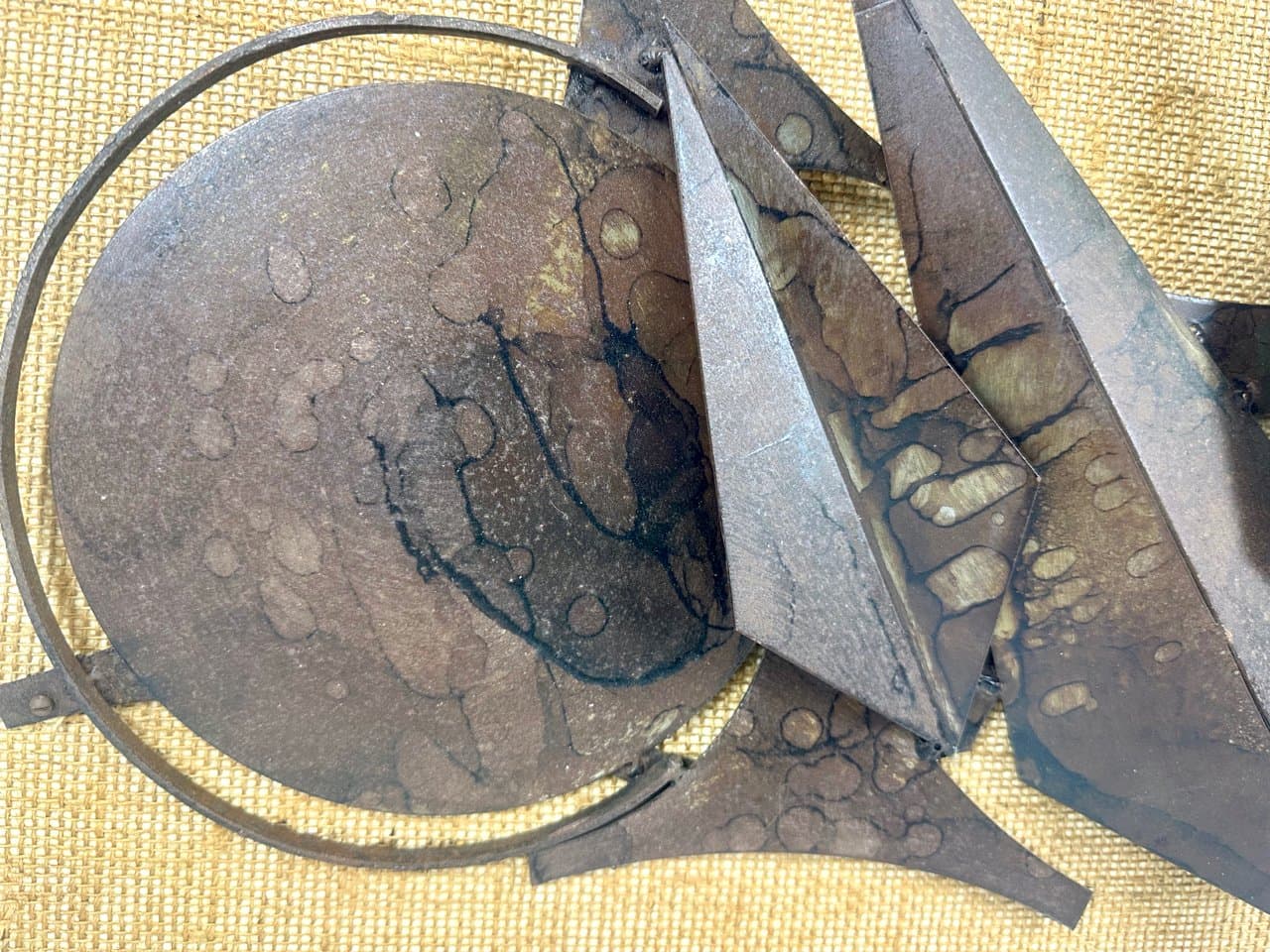 Wall Relief Brutalist, brown yellow, cast iron wood jute, Denmark, 1980s. - 152418