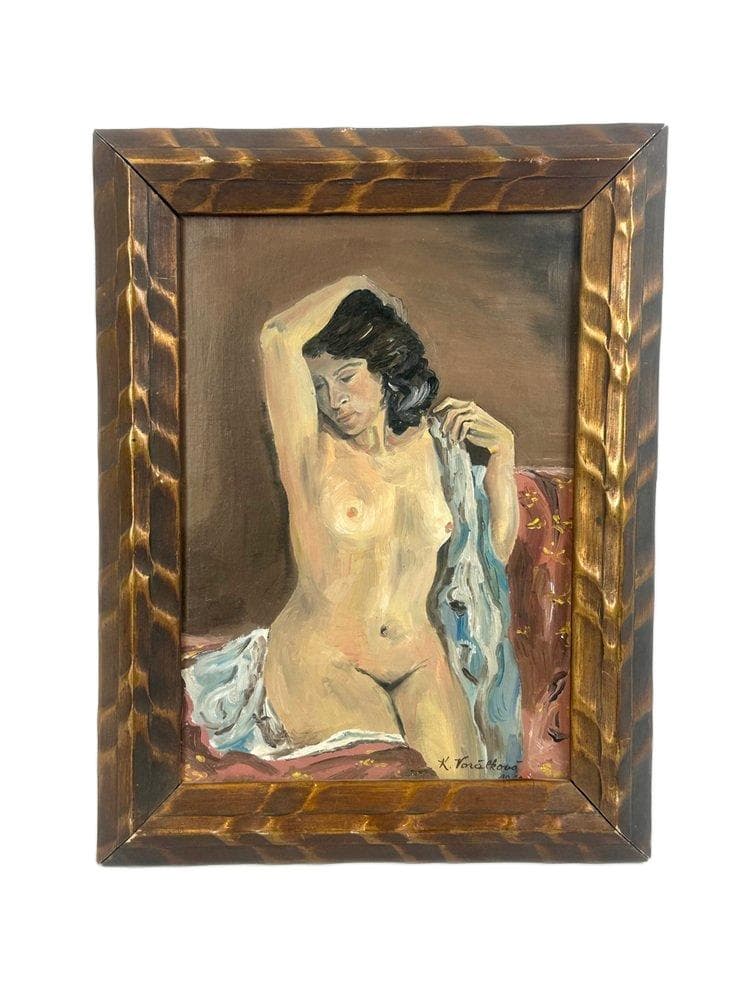 Painting Nude of Woman, multicolor, acrylic canvas, by K. Voralkova, Czech Republic, 1960s.