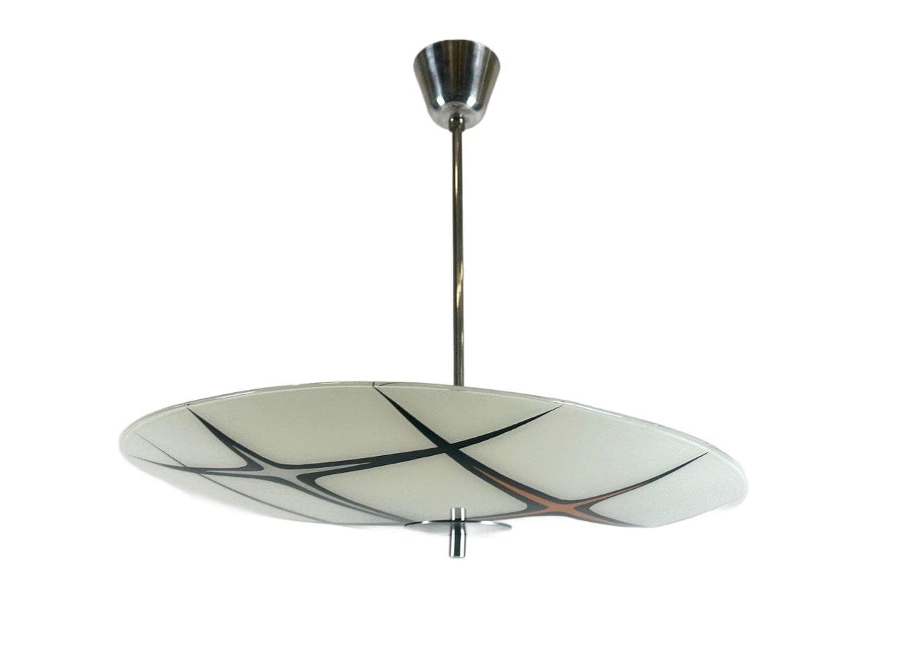 Lampa wisząca, mlecznobiałe szkło, aluminium srebrny, Czechy, lata 60.