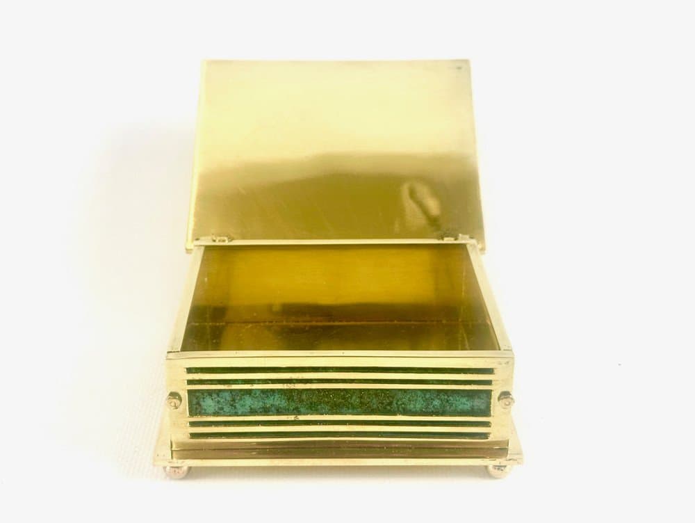 Pudełko na biżuterię art déco, zielony, mosiądz, Austria, lata 60. - 152594