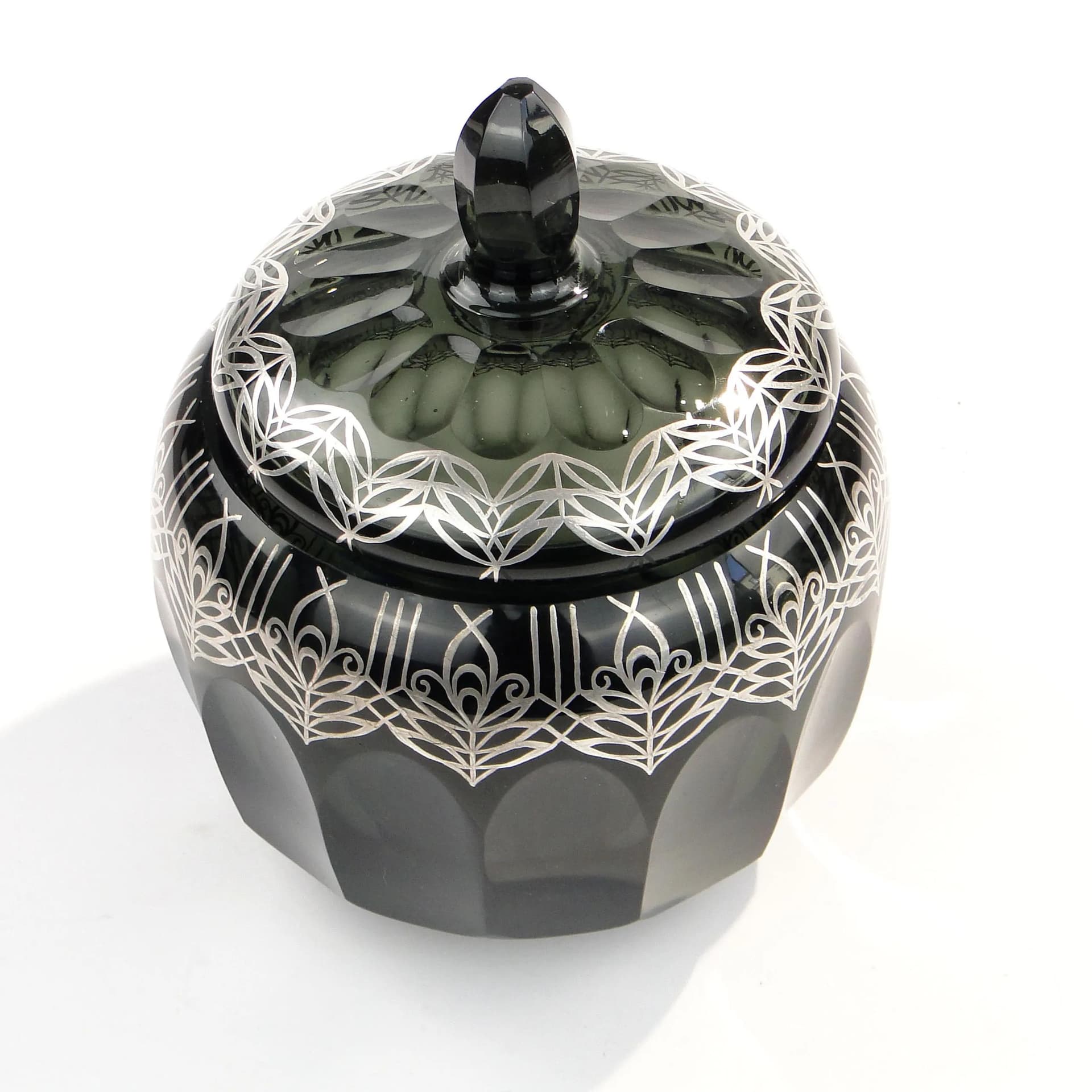 Bonbonniere, indigo-grey glass, silver, by S. Haertl, Poland, 1940s. - 9117