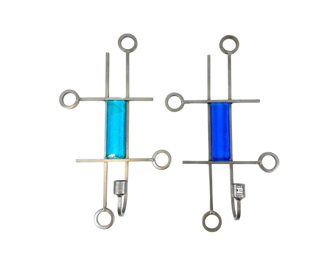 Para świeczników ściennych, modernistyczna, szkło niebieskie, żelazo srebrnoszare, Dania, lata 70.