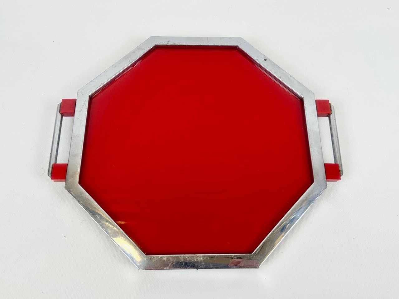 Tray Art Deco, red, glass, chrome steel, Czech Republic, 1930s. - 153271