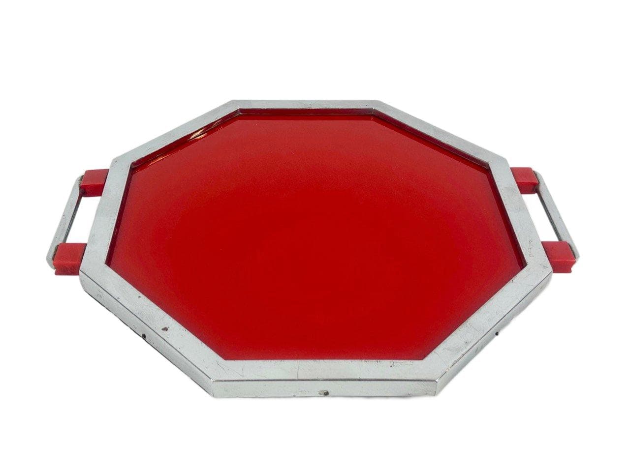 Tray Art Deco, red, glass, chrome steel, Czech Republic, 1930s.