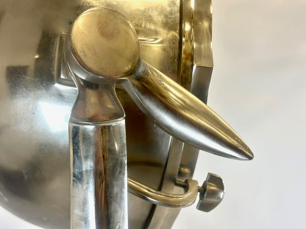 Lampa podłogowa tripod, aluminium srebrny, drewno czarny, lata 80. - 153310