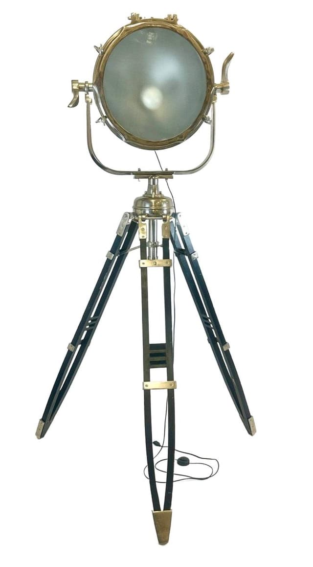 Lampa podłogowa tripod, aluminium srebrny, drewno czarny, lata 80. - WYMIARY