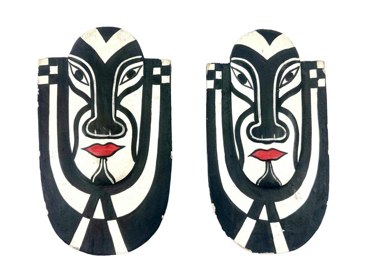 Pair of wall masks, Folk Art, black white red wood, Indonesia, 19th c.