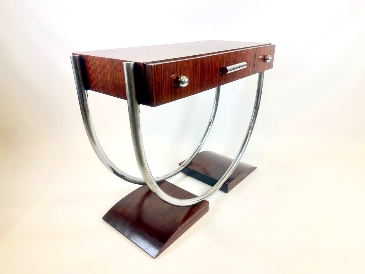 Konsola Art déco, brąz ciemny, mahoń orzech, metal chromowany, lata 30. - 153623