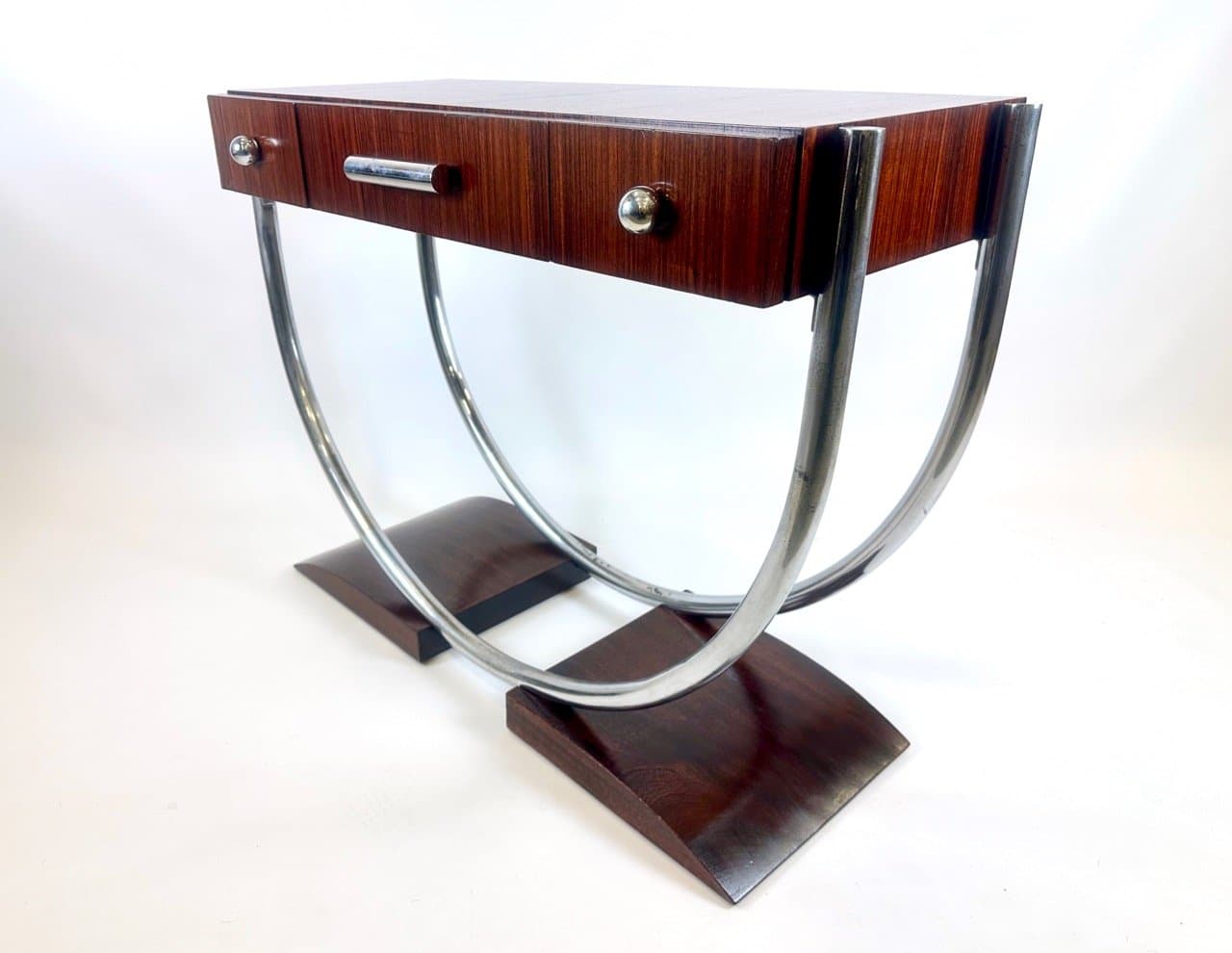 Konsola Art déco, brąz ciemny, mahoń orzech, metal chromowany, lata 30. - 153616