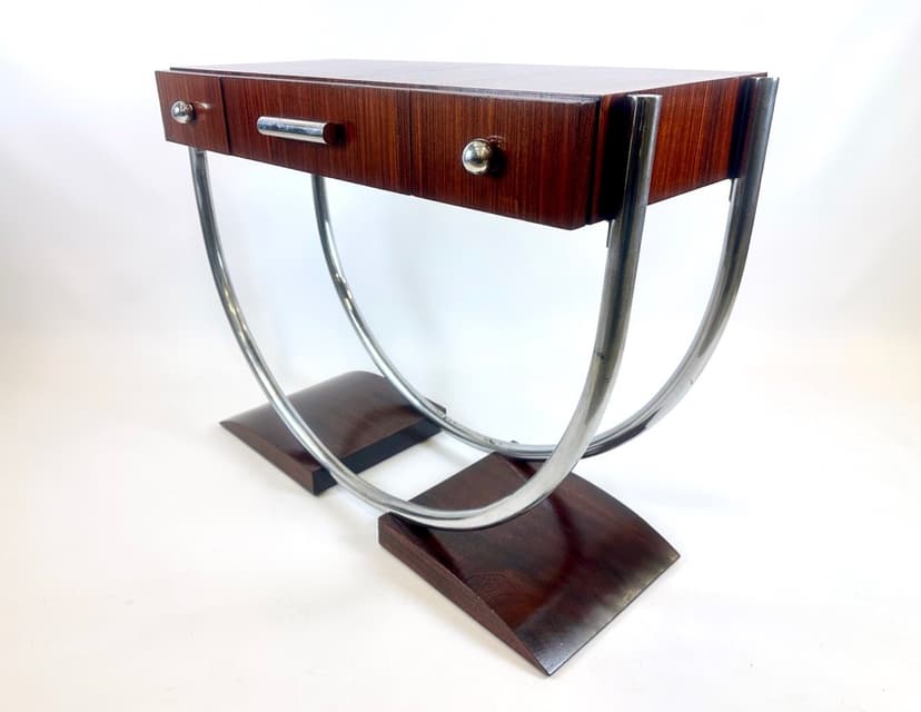 Konsola Art déco, brąz ciemny, mahoń orzech, metal chromowany, lata 30.