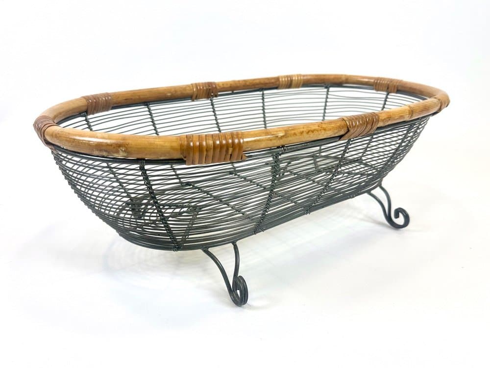 Openwork basket, natural bamboo, grey metal, Germany, 1960s - 154132