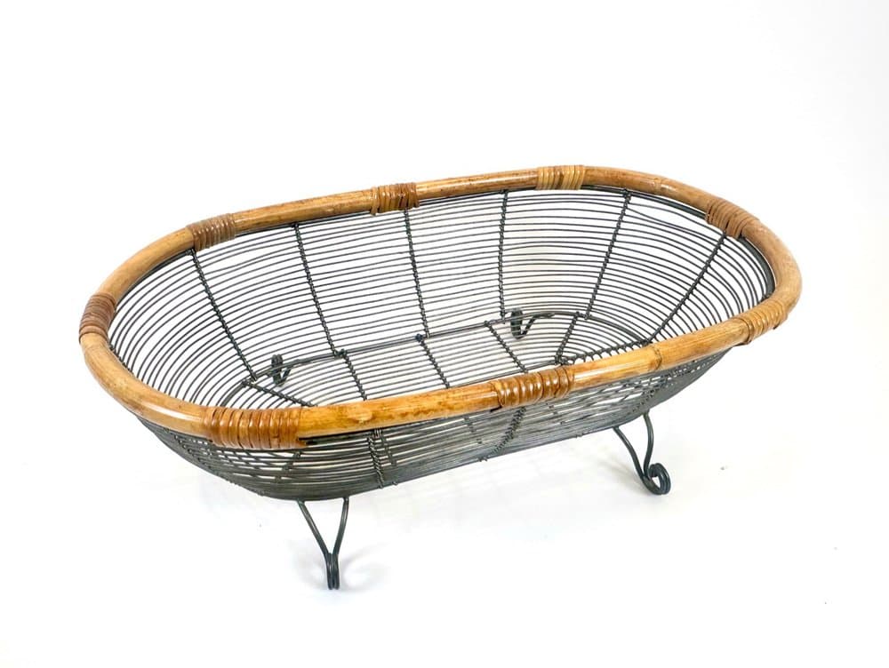 Openwork basket, natural bamboo, grey metal, Germany, 1960s - 154134