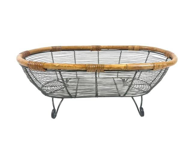 Openwork basket, natural bamboo, grey metal, Germany, 1960s - DIMENSION