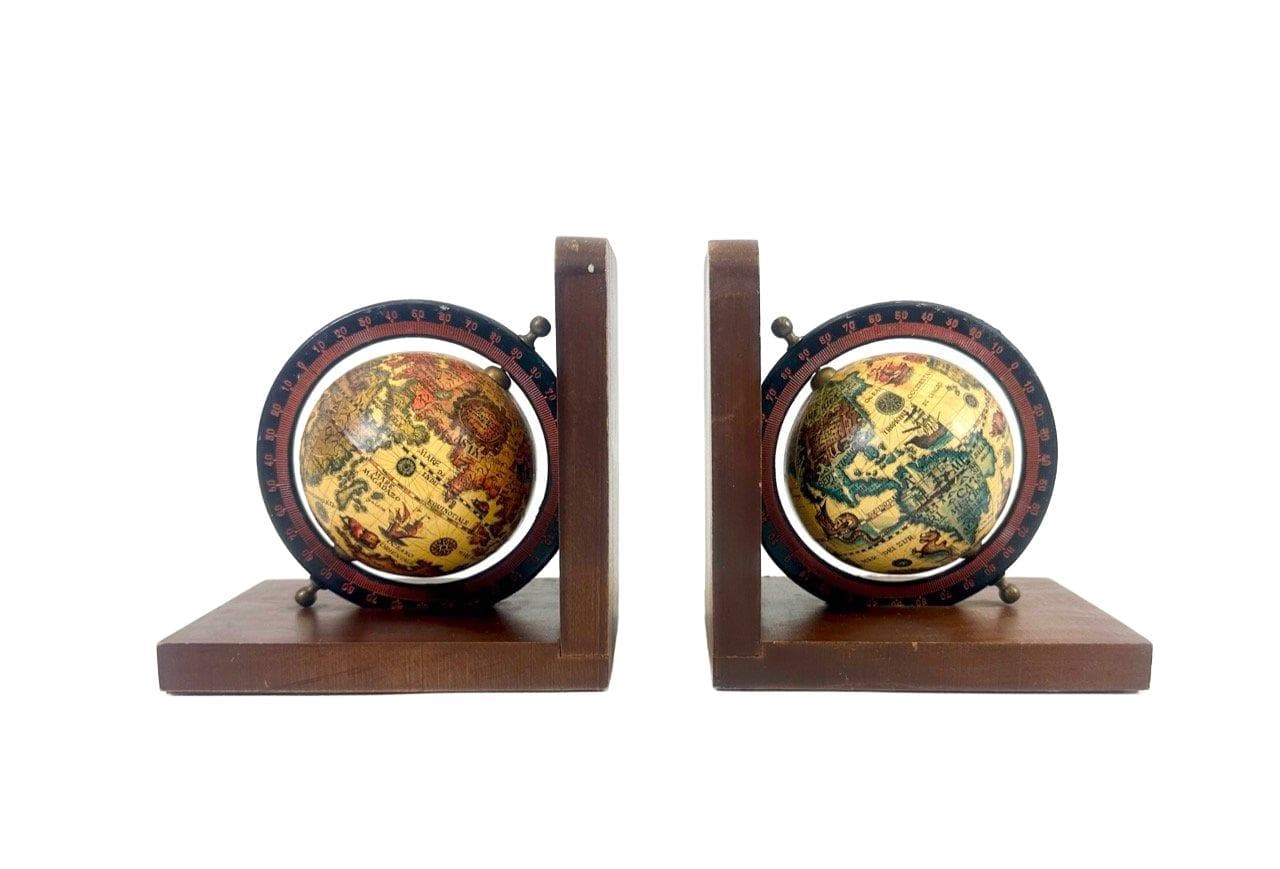 Komplet podpórek globus, brązowy, drewno, papier, metal, lata 60.