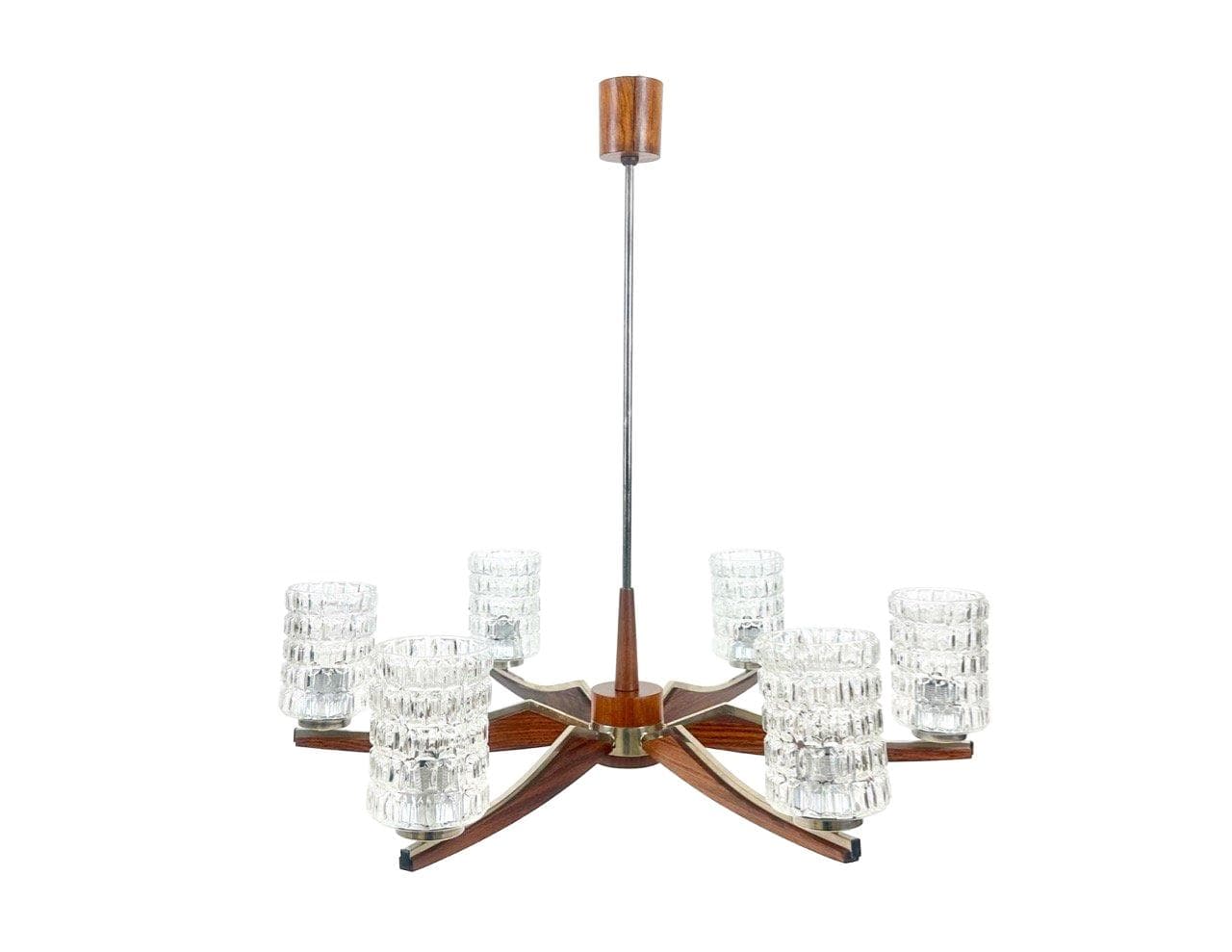 Chandelier, six arms, brown rosewood, silver brass, Denmark, 1960s.