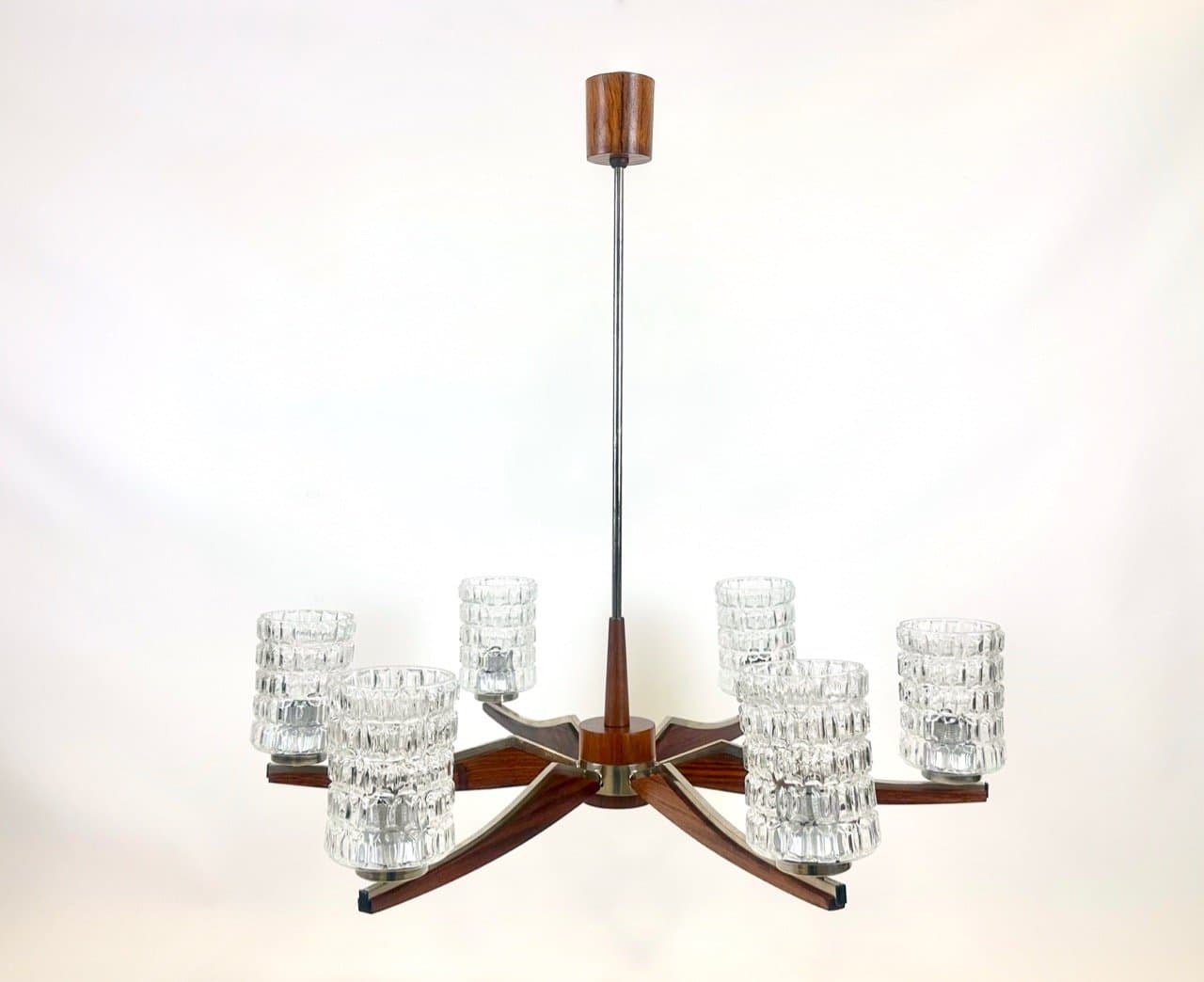 Chandelier, six arms, brown rosewood, silver brass, Denmark, 1960s. - 154242