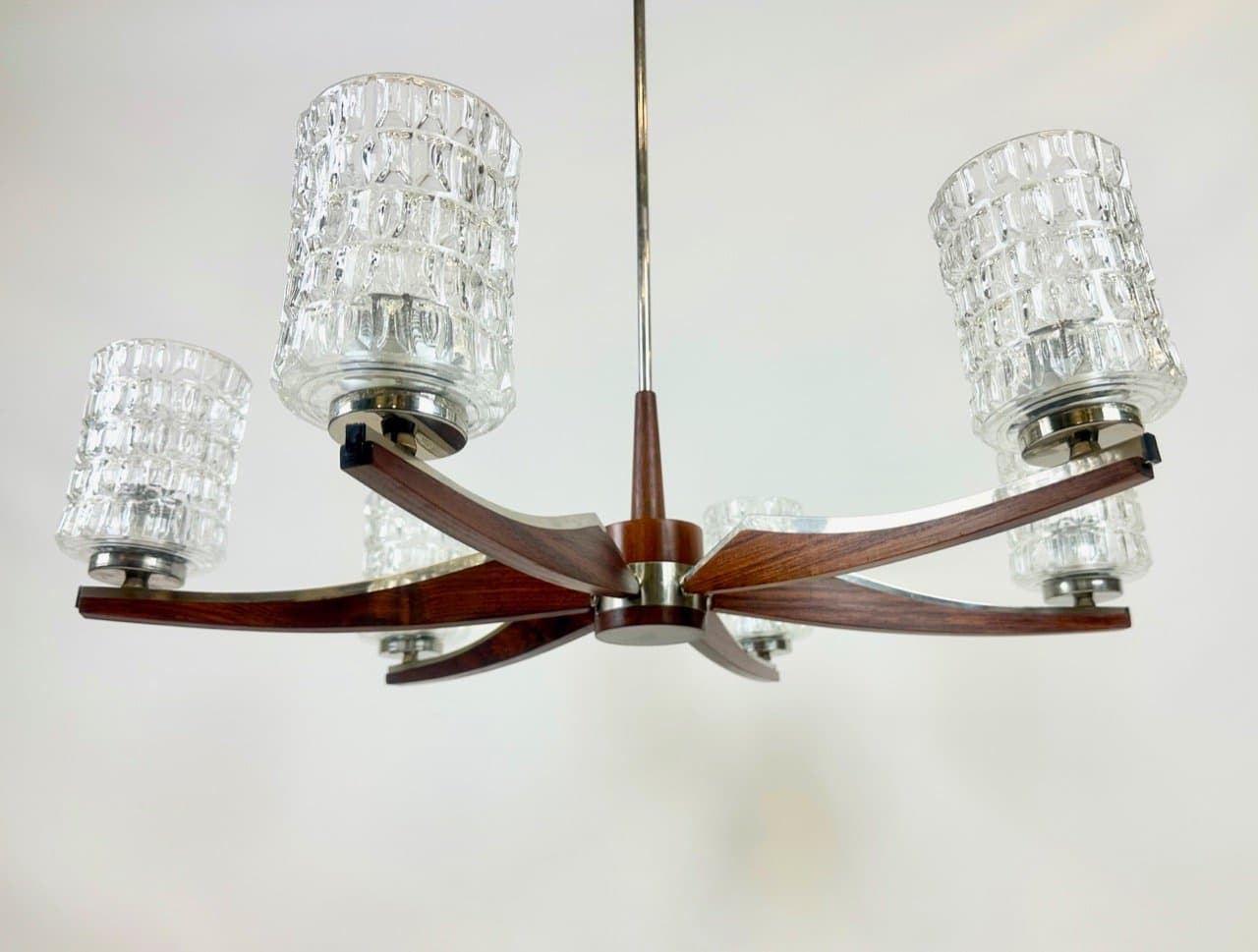 Chandelier, six arms, brown rosewood, silver brass, Denmark, 1960s. - 154241