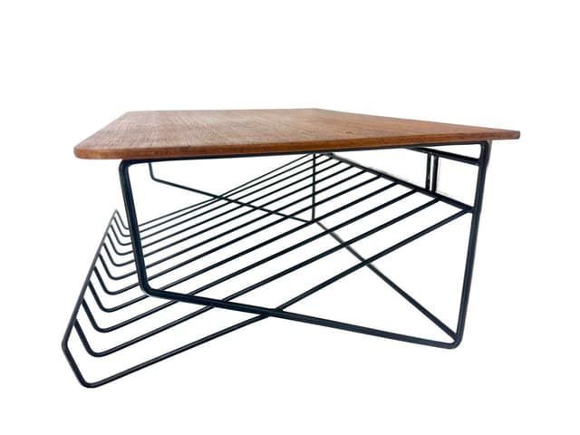 Półka wisząca, teak brązowy, stal czarna, Szwecja, lata 60. - WYMIARY