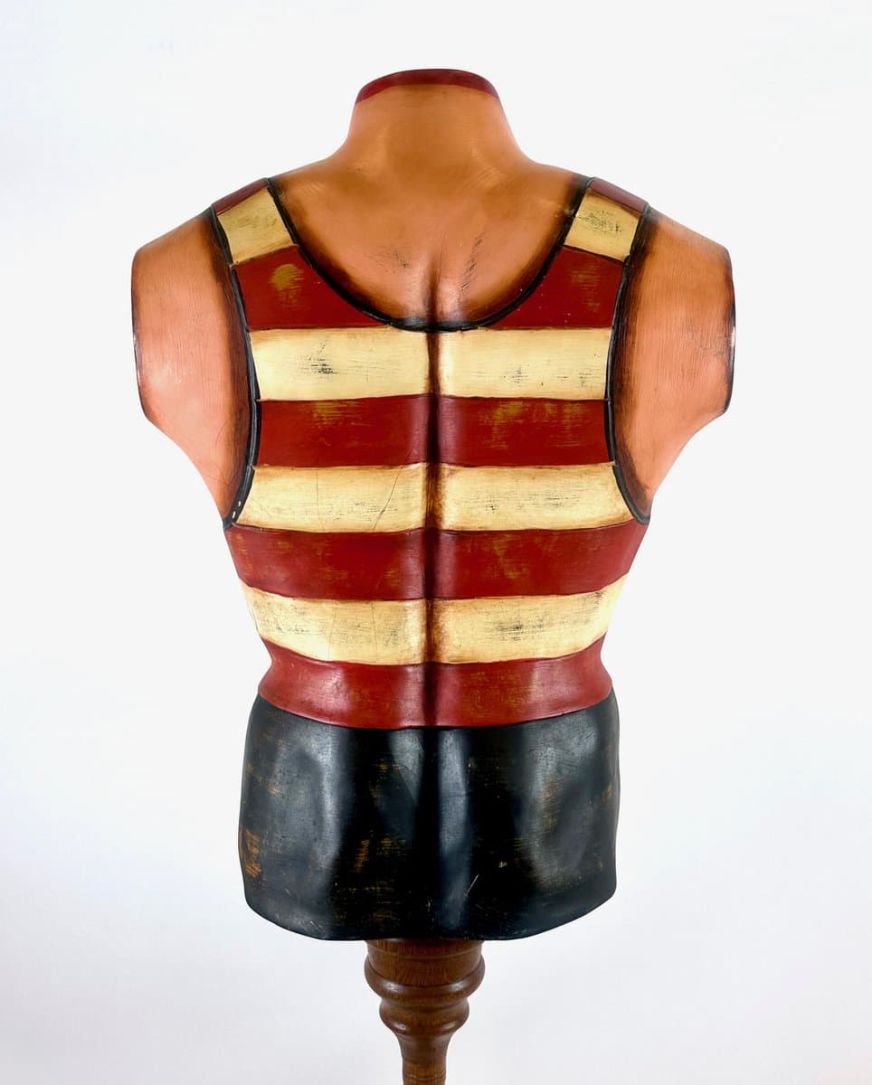 Manekin torsu Coney Island Mens Swim Club, czerwony, dąb, plastik, USA, lata 60. - 154570