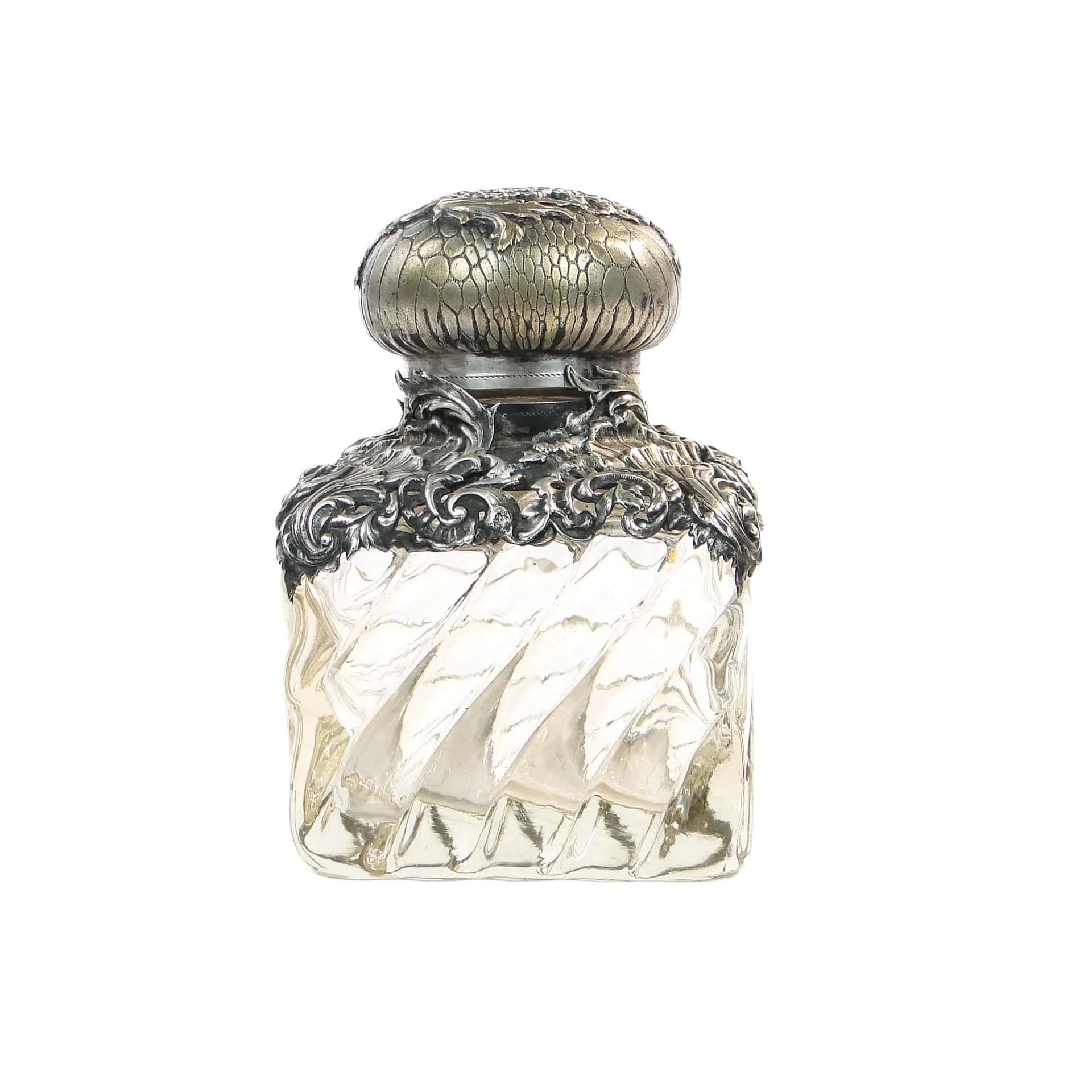 Kałamarz gabinetowy Rococo, szkło transparentne, mosiądz platerowany srebrem, Baccarat, Francja, XIX w.