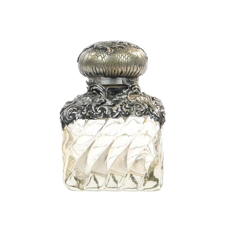 Kałamarz gabinetowy Rococo, szkło transparentne, mosiądz platerowany srebrem, Baccarat, Francja, XIX w.