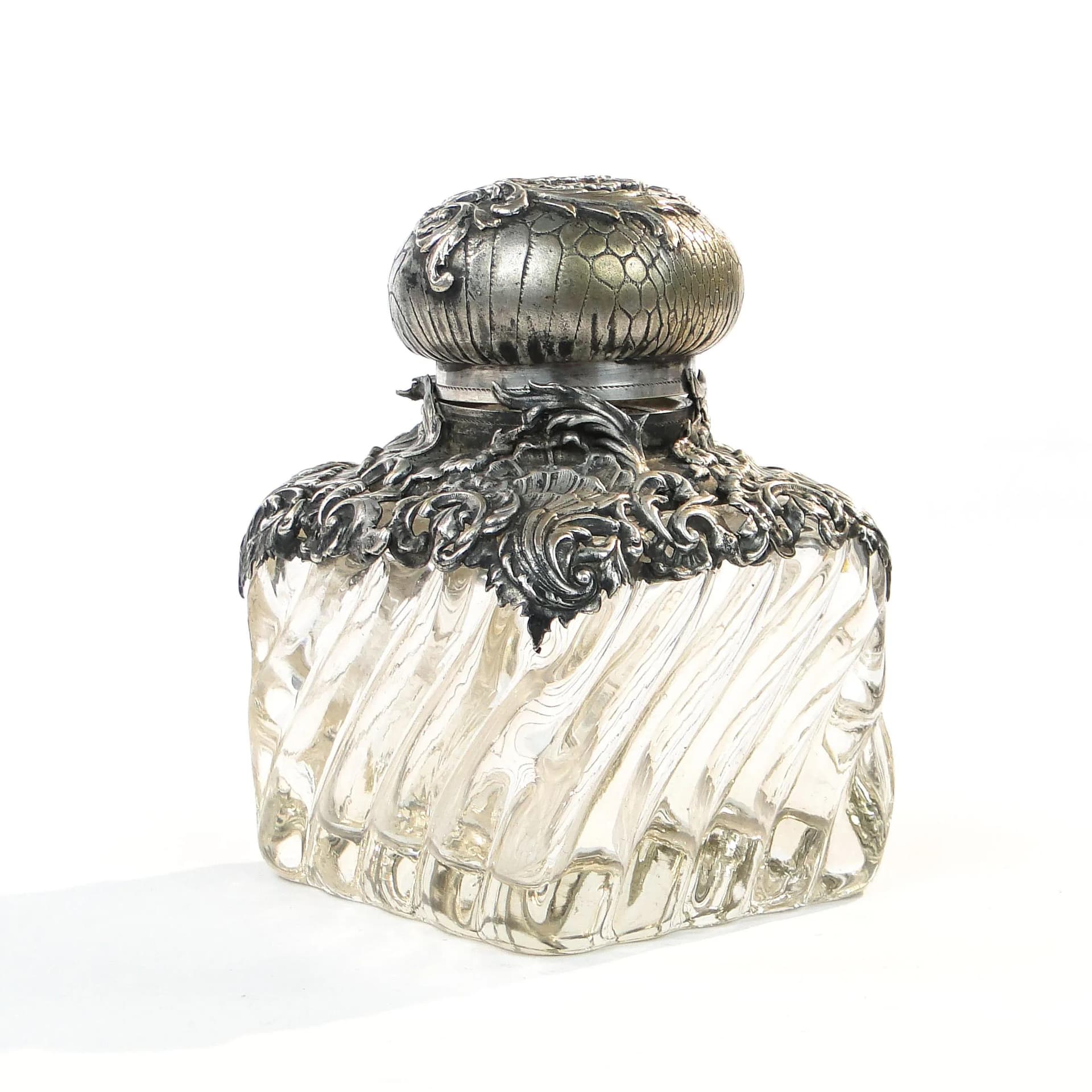 Kałamarz gabinetowy Rococo, szkło transparentne, mosiądz platerowany srebrem, Baccarat, Francja, XIX w. - 9538