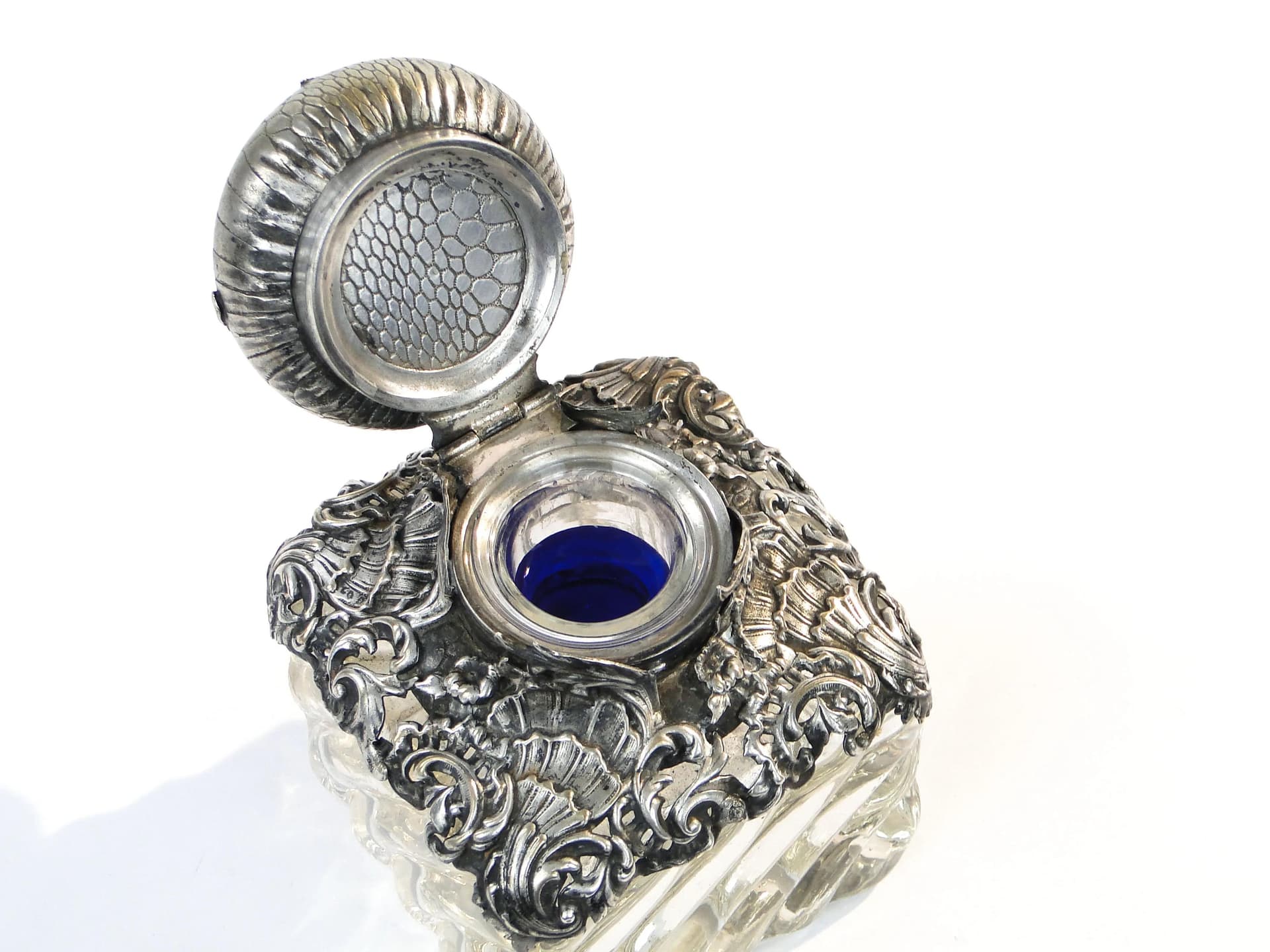 Kałamarz gabinetowy Rococo, szkło transparentne, mosiądz platerowany srebrem, Baccarat, Francja, XIX w. - 9542