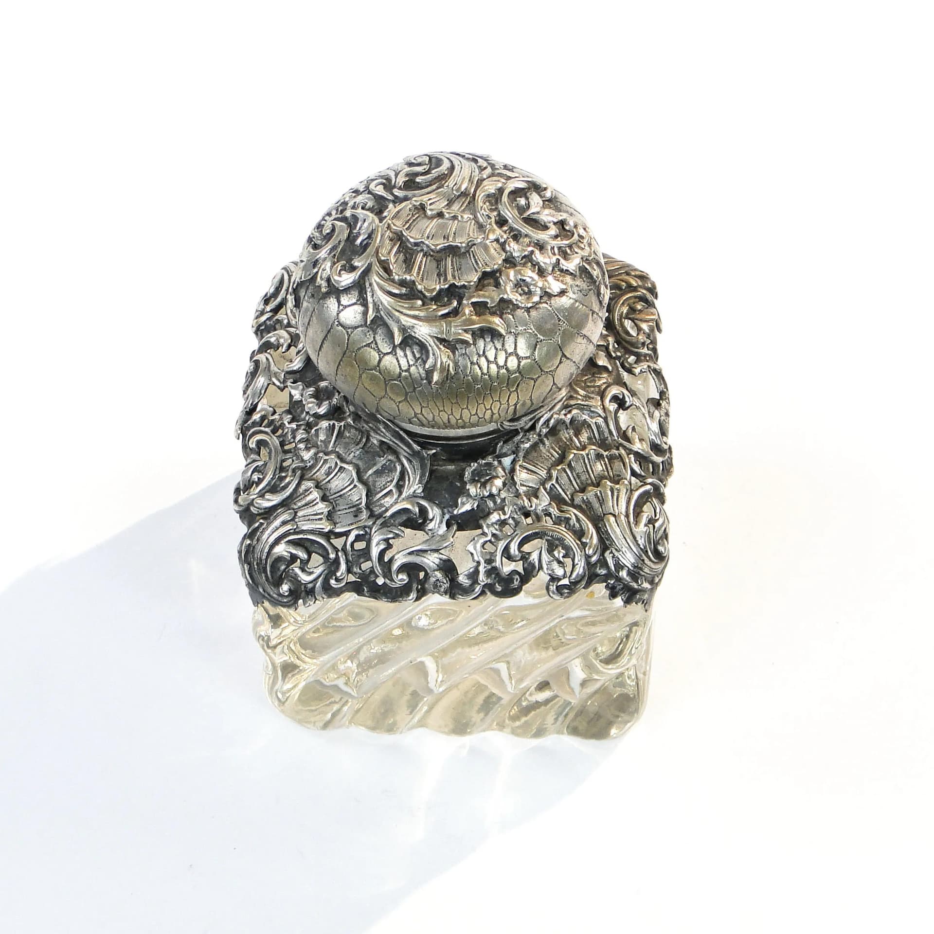 Kałamarz gabinetowy Rococo, szkło transparentne, mosiądz platerowany srebrem, Baccarat, Francja, XIX w. - 9537