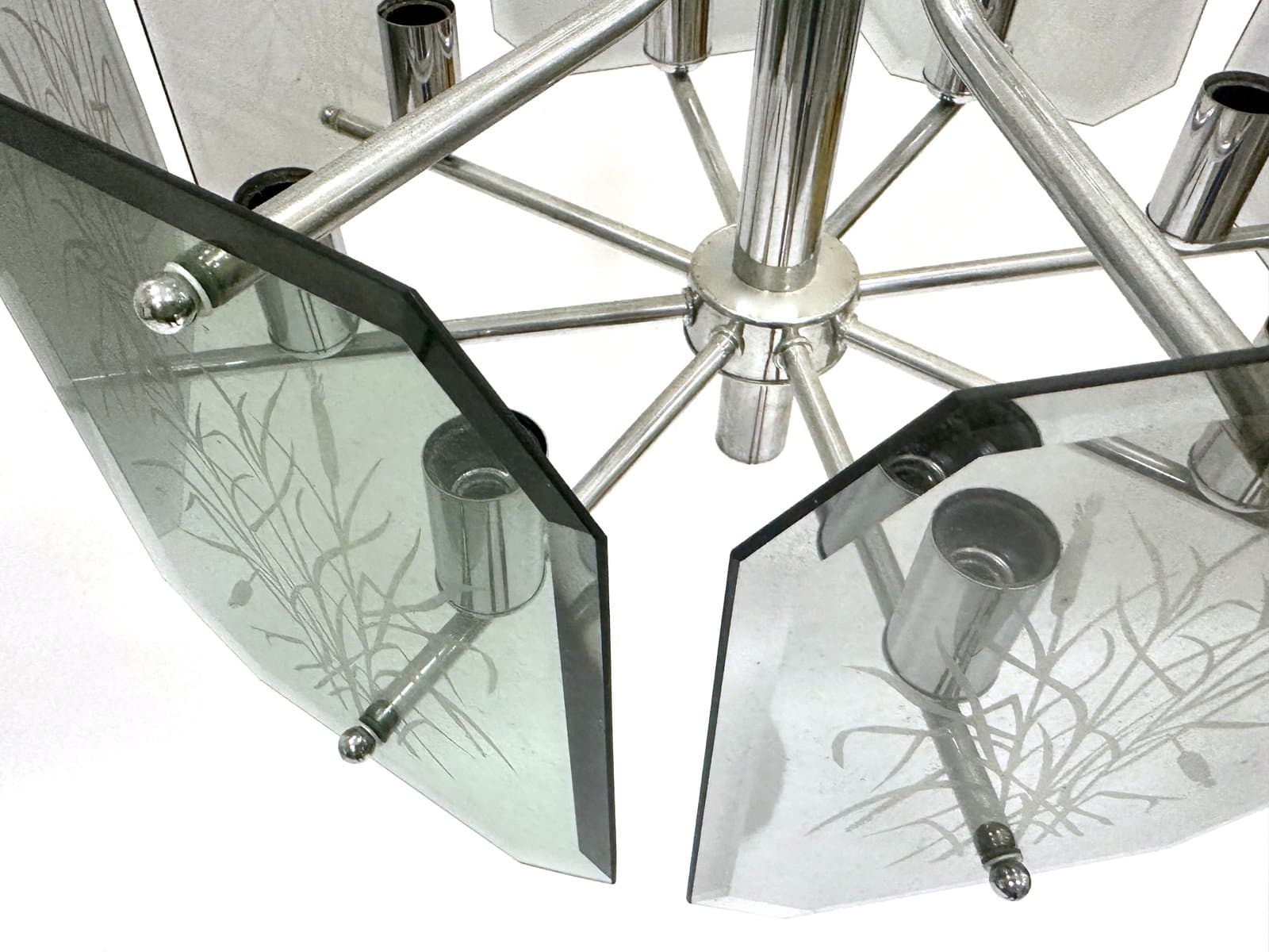Żyrandol, postmodernistyczny, chromowany metal srebrny, szkło dymione, Niemcy, lata 80. - 154733