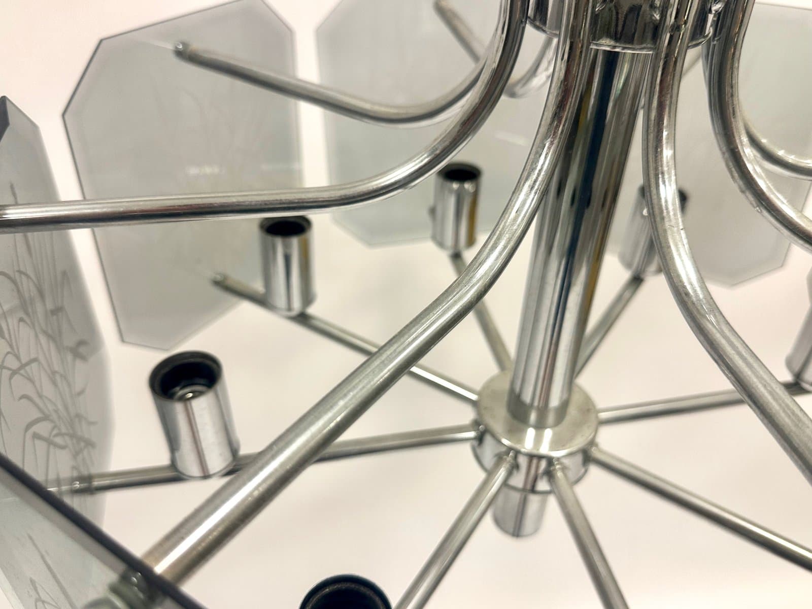 Żyrandol, postmodernistyczny, chromowany metal srebrny, szkło dymione, Niemcy, lata 80. - 154731