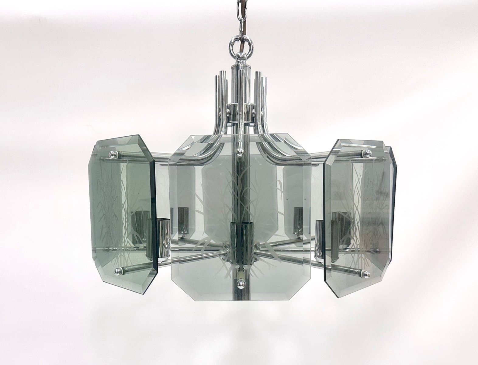 Żyrandol, postmodernistyczny, chromowany metal srebrny, szkło dymione, Niemcy, lata 80. - 154737