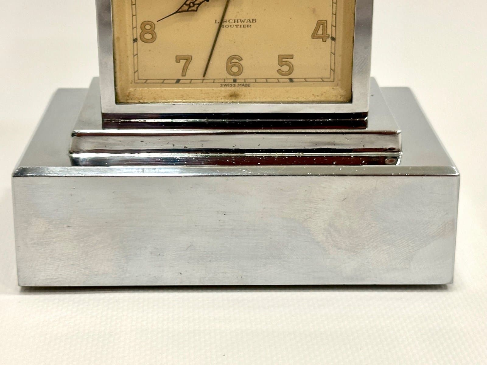 Zegar kominkowy z funkcją skarbonki, Art Deco, srebrny, proj. L. Schwab, Szwajcaria, lata 30. - 154985