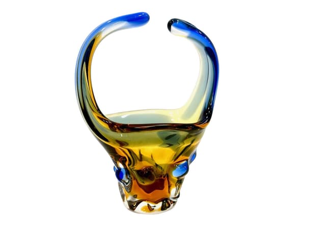 Art glass basket, multicolor glass, by F. Zemek, Czech Republic, 1960s. - DIMENSION