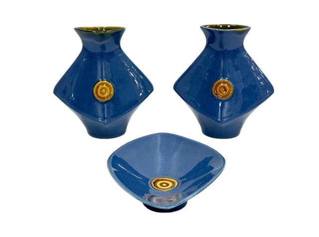 Zestaw wazonów i miski, niebieski, ceramika, Czechosłowacja, lata 70. - WYMIARY