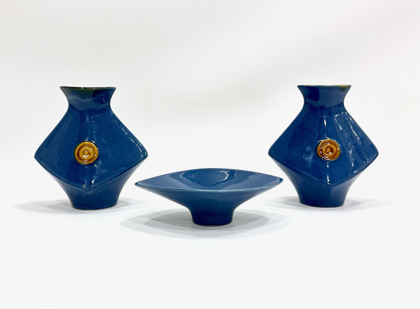 Zestaw wazonów i miski, niebieski, ceramika, Czechosłowacja, lata 70. - 155115