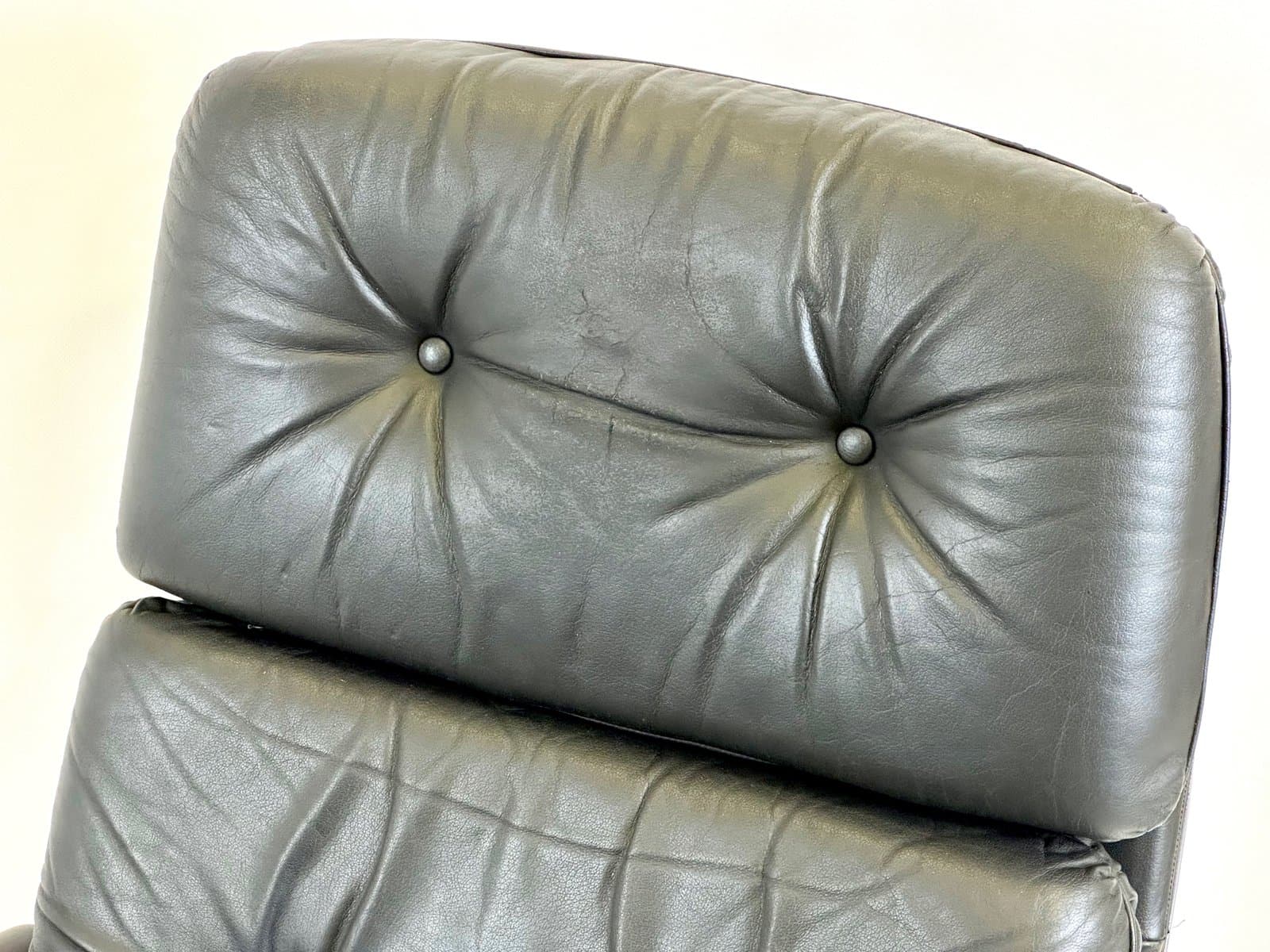 Fotel obrotowy, skóra czarna, buk, stal, Niemcy, lata 70. - 155152