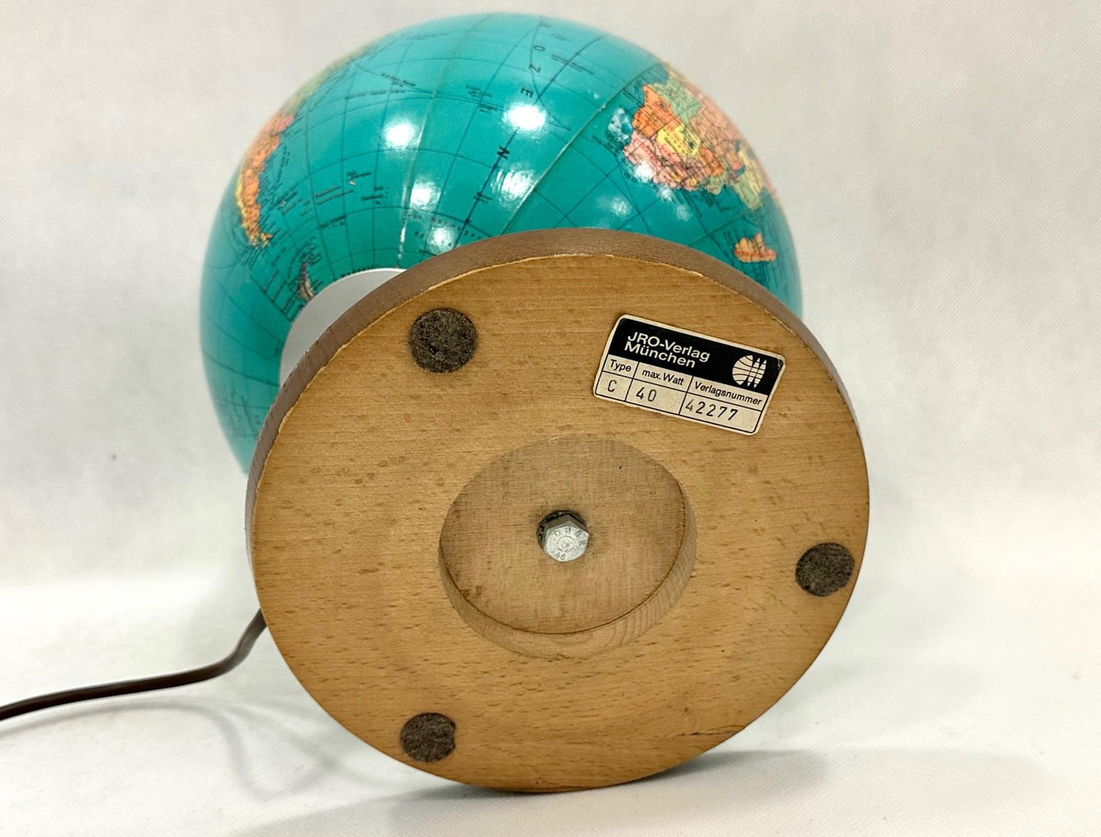 Globus podświetlany, turkusowy, akryl, drewno, metal, Niemcy, lata 60. - 155281