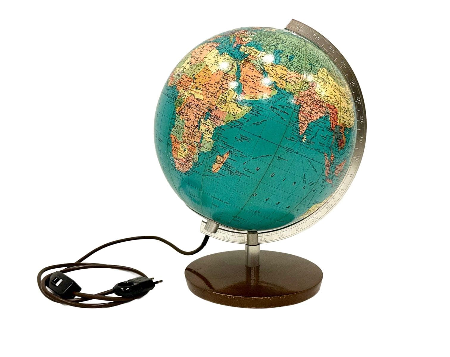 Globus podświetlany, turkusowy, akryl, drewno, metal, Niemcy, lata 60.