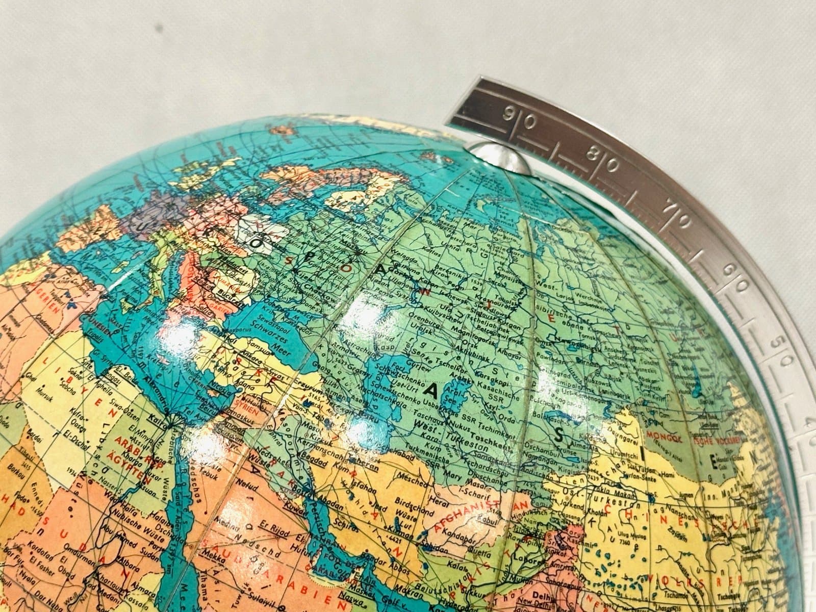 Globus podświetlany, turkusowy, akryl, drewno, metal, Niemcy, lata 60. - 155282