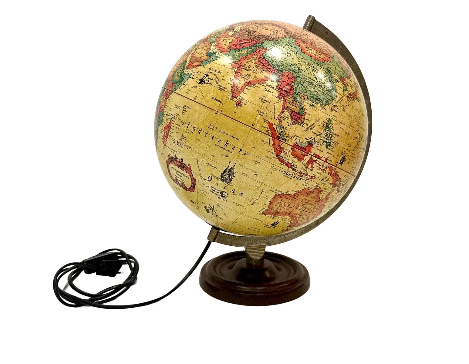 Globus podświetlany, beżowy, metal, plastik, teak, Dania, lata 90.