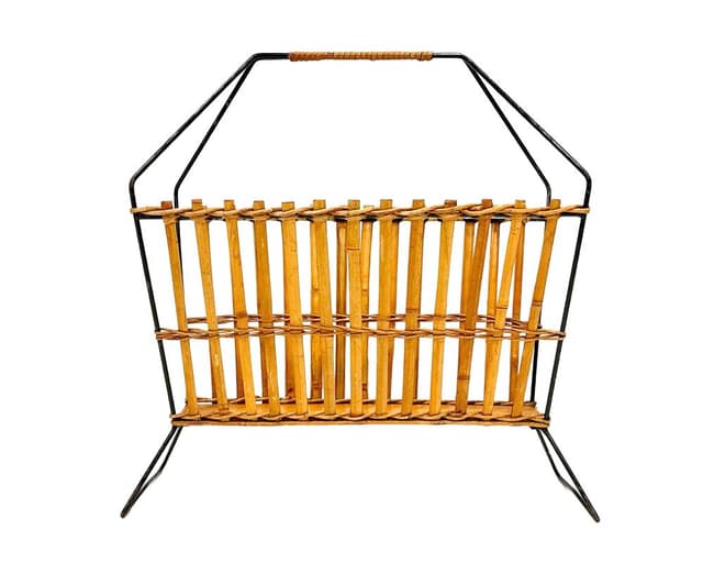 Magazine rack, light brown bamboo, black steel, 1960s. - DIMENSION