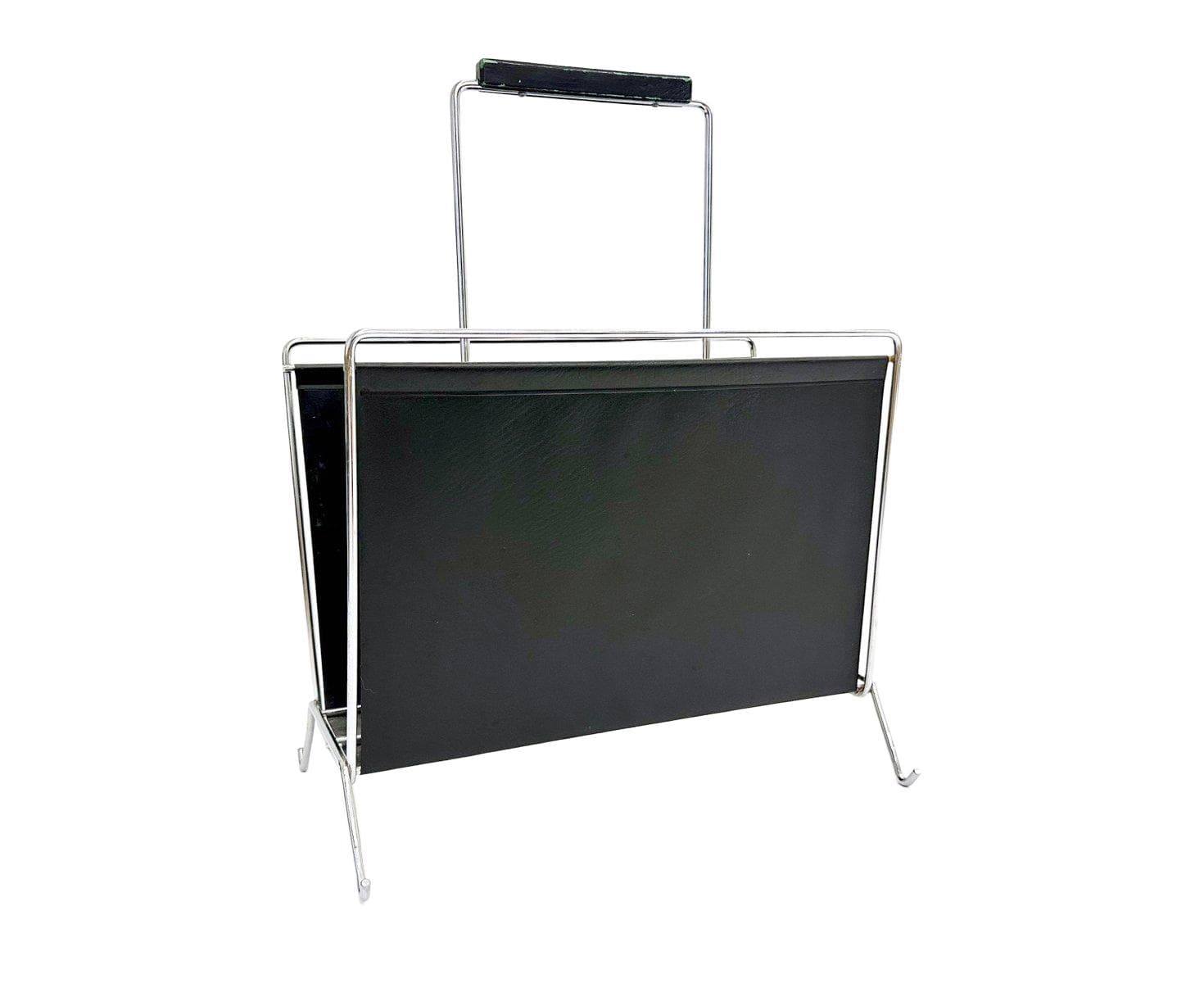 Magazine rack, black vinyl, chrome steel, Germany, 1970s.