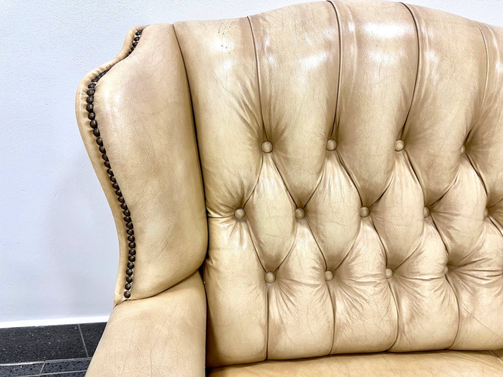 Zestaw Chesterfield, beżowa skóra, Francja, lata 80. - 155402