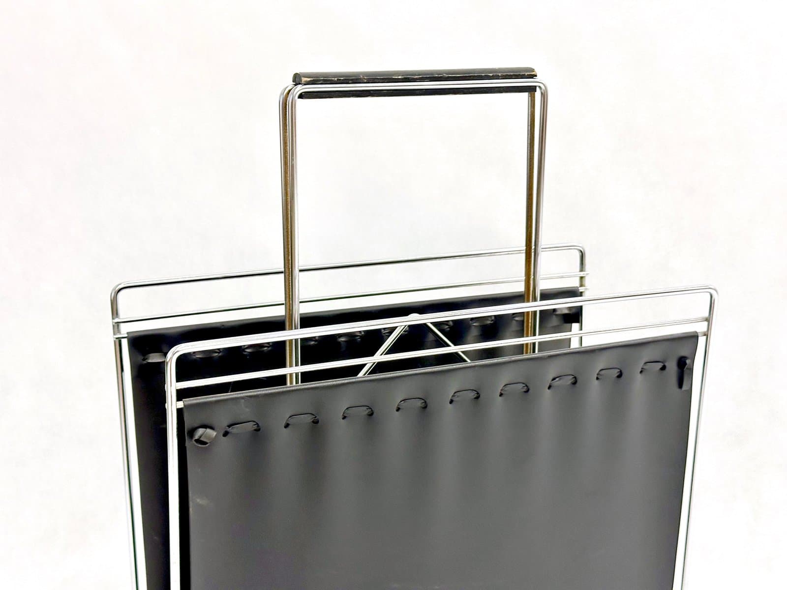 Magazine rack, black vinyl, silver chrome steel, Germany, 1970s. - 155466