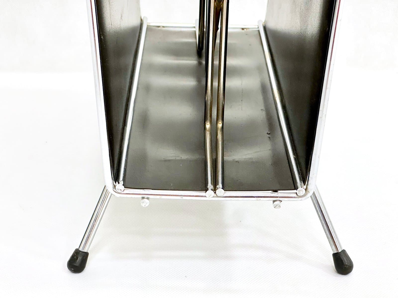 Magazine rack, black vinyl, silver chrome steel, Germany, 1970s. - 155469