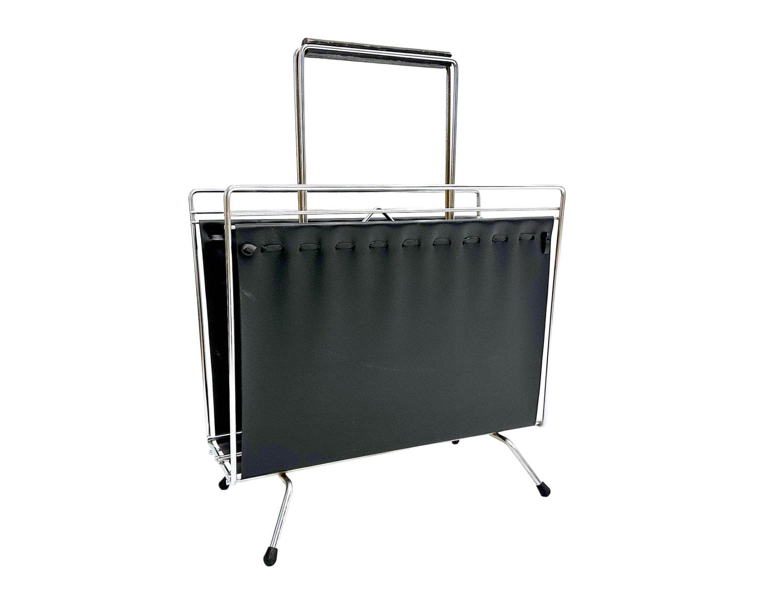 Magazine rack, black vinyl, silver chrome steel, Germany, 1970s.