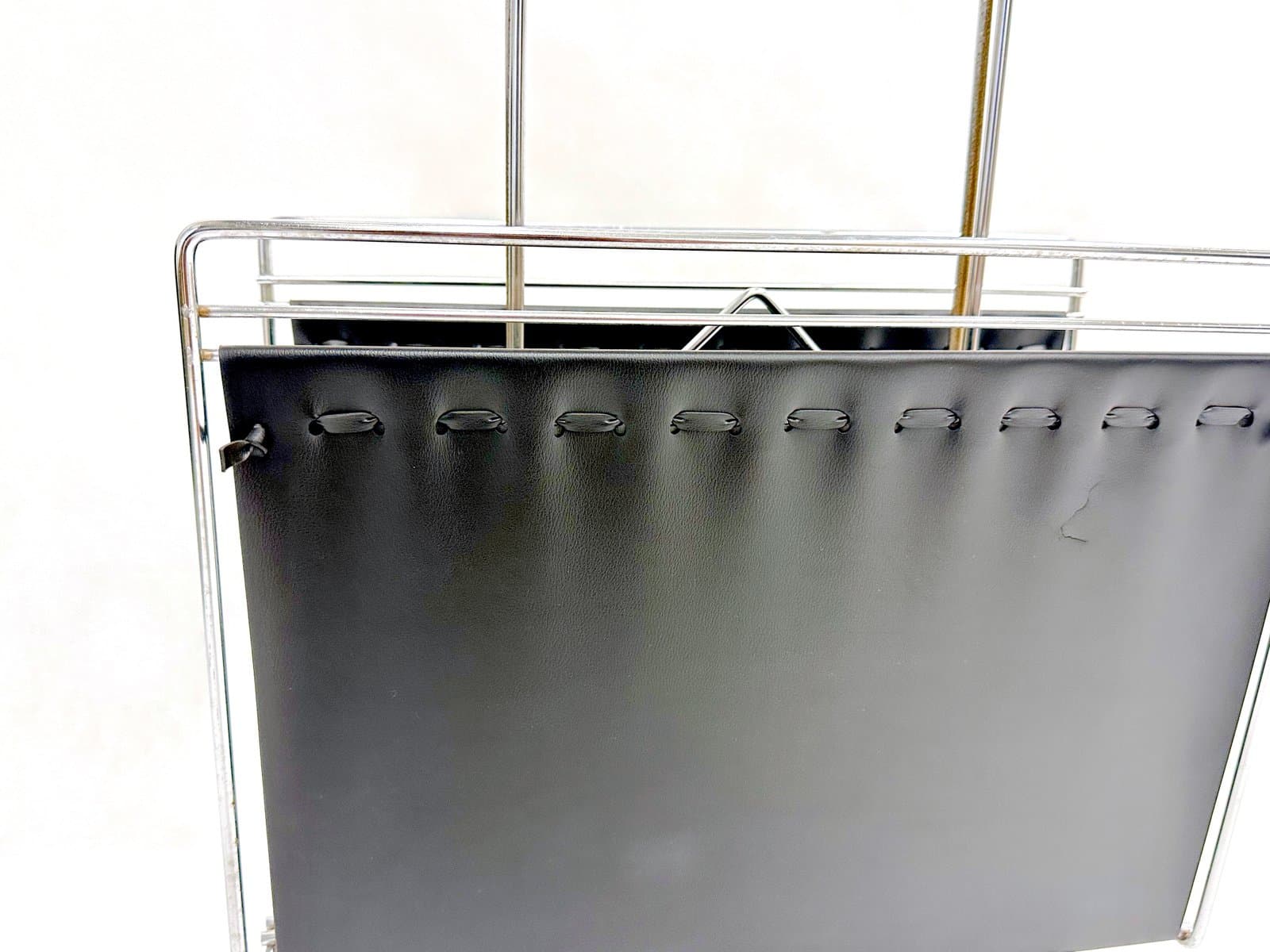 Magazine rack, black vinyl, silver chrome steel, Germany, 1970s. - 155467