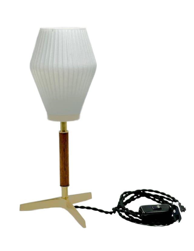 Lampa stołowa tripod, mosiądz złoty, teak brązowy, szkło białe, Austria, lata 50. - WYMIARY