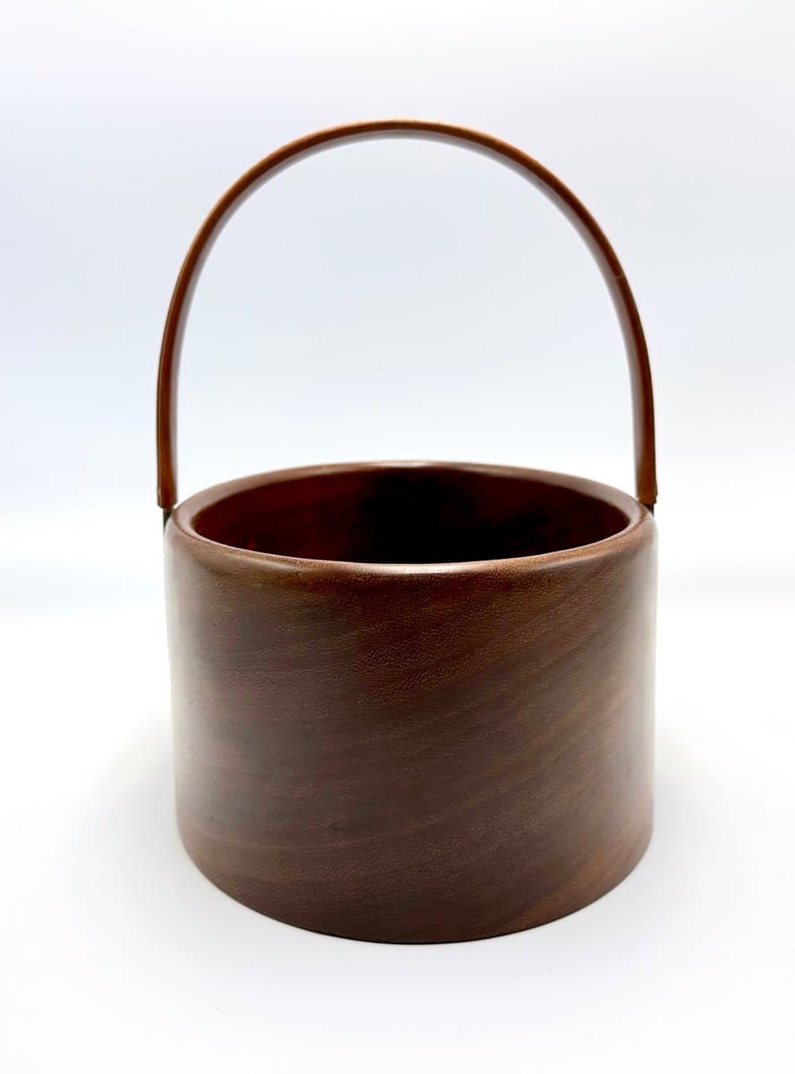 Kosz, brązowy ciemny, teak skóra, proj. C. Auböck, Austria, lata 50. - 155750